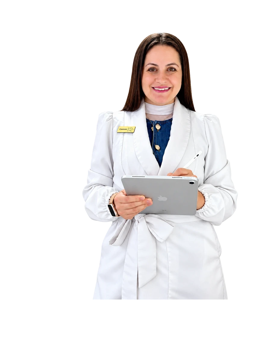 Dra. Cassiane Vizioli Godinho sorrindo, de jaleco branco, com um tablet nas mãos.